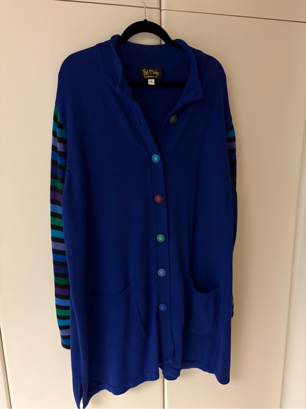 Bob Mackie Cobalt Blue Cardigan with Multicolor Striped Sleeves